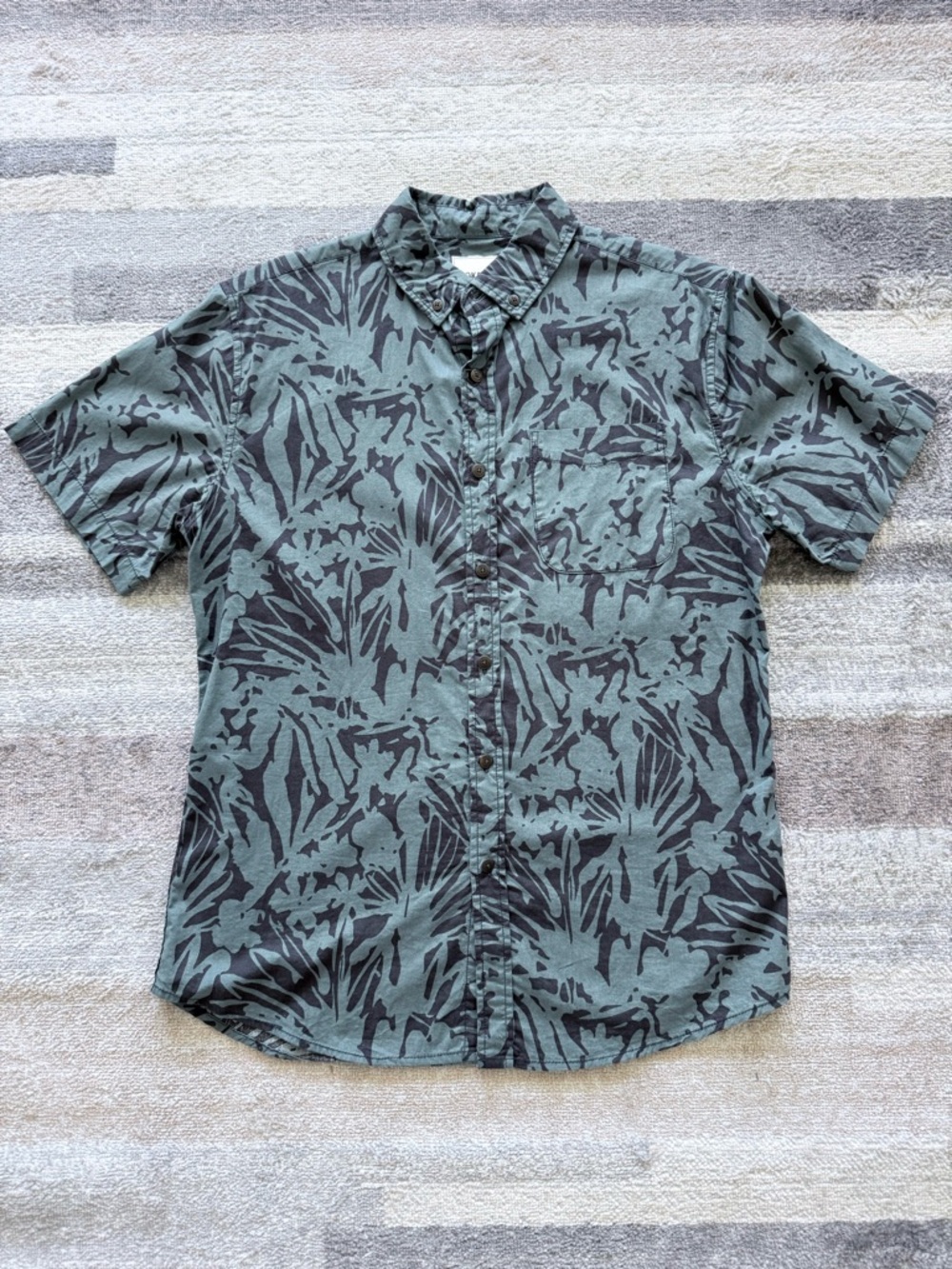 Katin Olive Green Short-Sleeve Button-Up with Black Botanical Print
